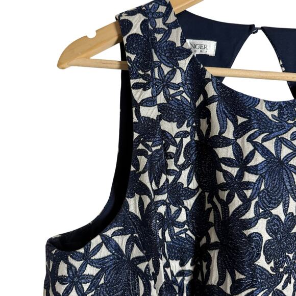 Kay Unger Navy Floral Jacquard Sleeveless Sheath Cocktail Dress Size 16 - Picture 3 of 9